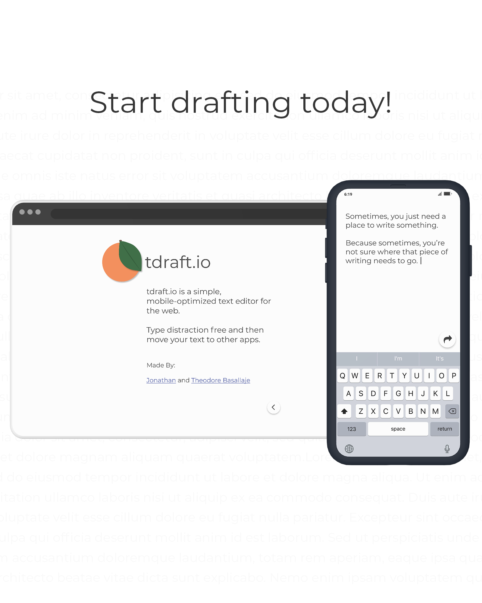 Mock-up of tdraft.io mobile and desktop