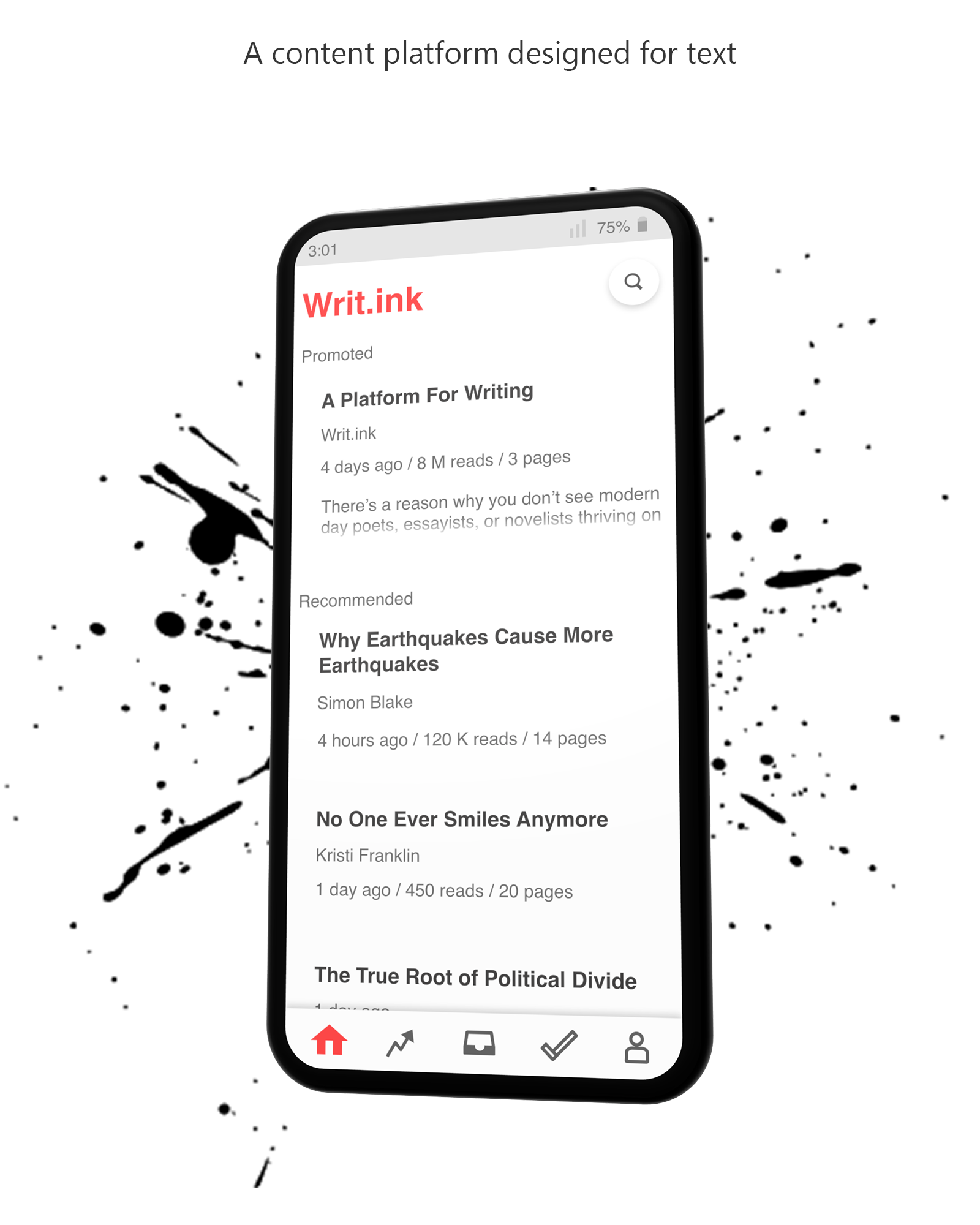 Mock-up of the mobile homepage of Writ.ink